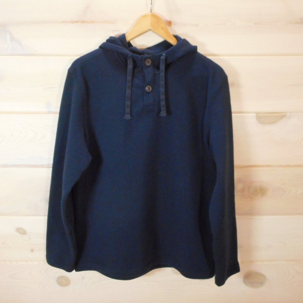 GH Bass Hooded Sweater Henley Men's L Long Sleeve Dark Navy Blue Fleece Lining